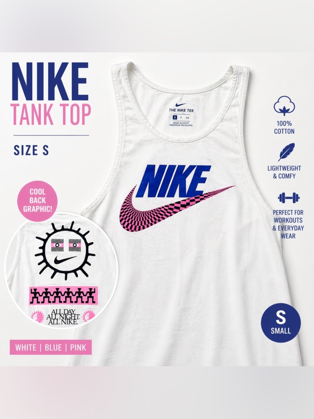 Nike Graphic Tank Top White Pink Blue Swoosh “All Day All Night” Size Small